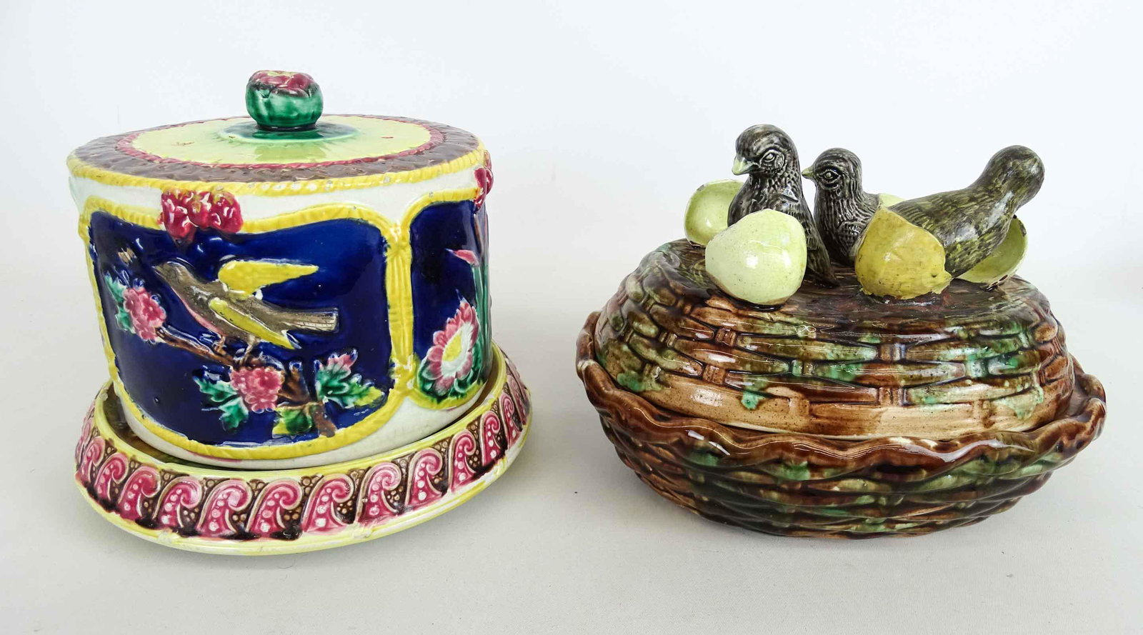 Majolica Lot: Majolica lot including Cheese Keep (7 1/2" Ht., base plate chipped) and Chicks on Nest covered bowl (7" Ht.).