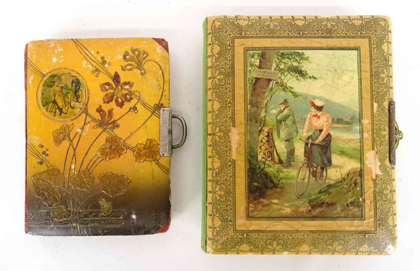Photo Album Lot: Lot (2) early photo albums with Cyclist covers. 6 1/2" x 9" and 8 1/2" x 10 1/2". Fair condition.