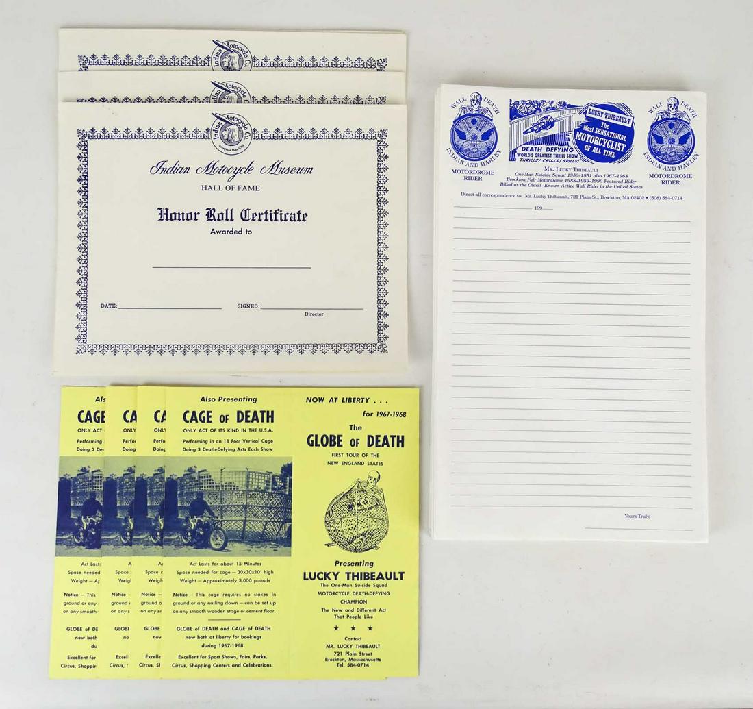 Ephemera Lot: Misc. ephemera from estate of Lucky T.. Includes original stationary, Cage of Death flyers, Indian Motorcycle Hall of Fame Certificates. Good condition.