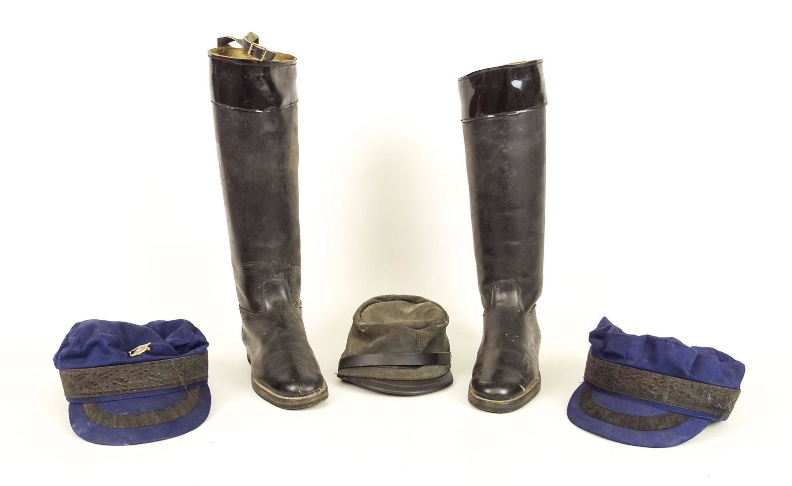 Riding Boots & Hats: Lot including pair of riding boots and (3) hats. Fair condition.