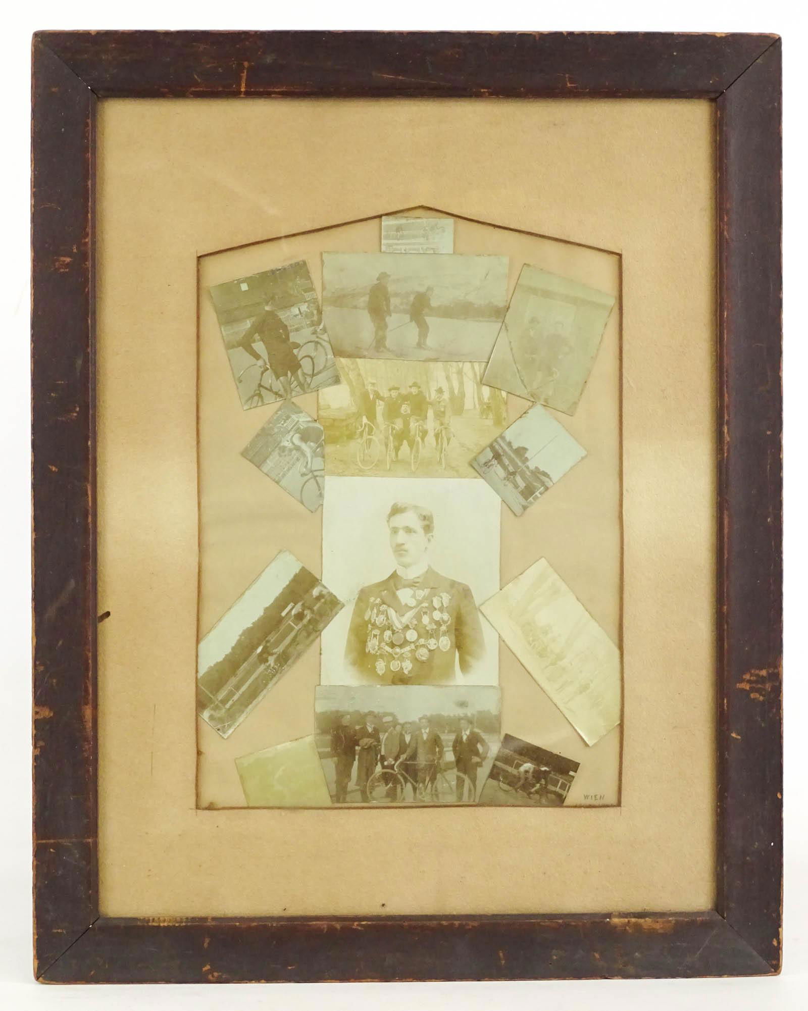 Framed Bicycle Photos: Collage of early framed bicycle photos. Marked LRC "WIEN". Frame overall 21 1/2" x 17".