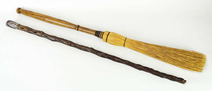 Walking Stick & Broom: Lot including broom (32" L.), along with sterling top cane (30" L.).