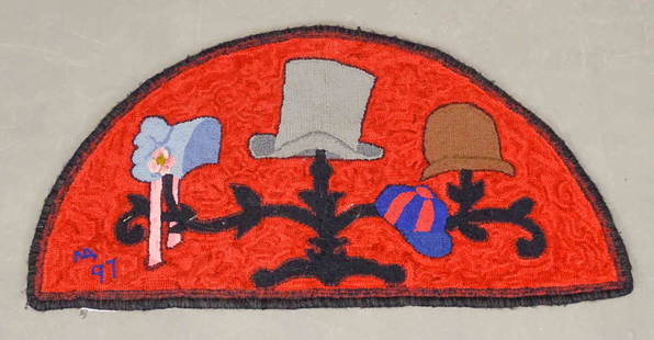 Hooked Rug: Hearth shaped hooked rug. 36" x 20".