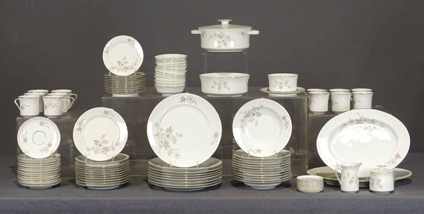 Porcelain Dinner Service: Porcelain dinner service. Johann Haviland Bavaria German. Includes (9) 10 1/2" plates, (2) platters (13" and 15" L.), cream and sugar, serving bowl (7" D.), covered dish (8" D.), (12) soups (8" D.),