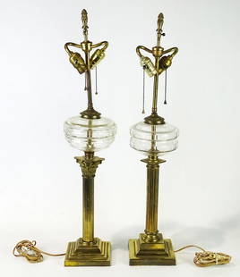 Pair Brass Column Lamps: Pair Brass column lamps. 32" Ht..