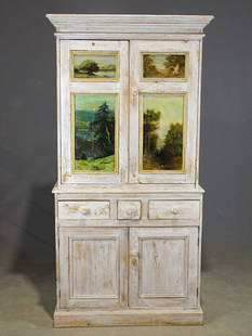 Primitive Cupboard: Two part primitive pine paint decorated cupboard. 39" x 23" x 80".