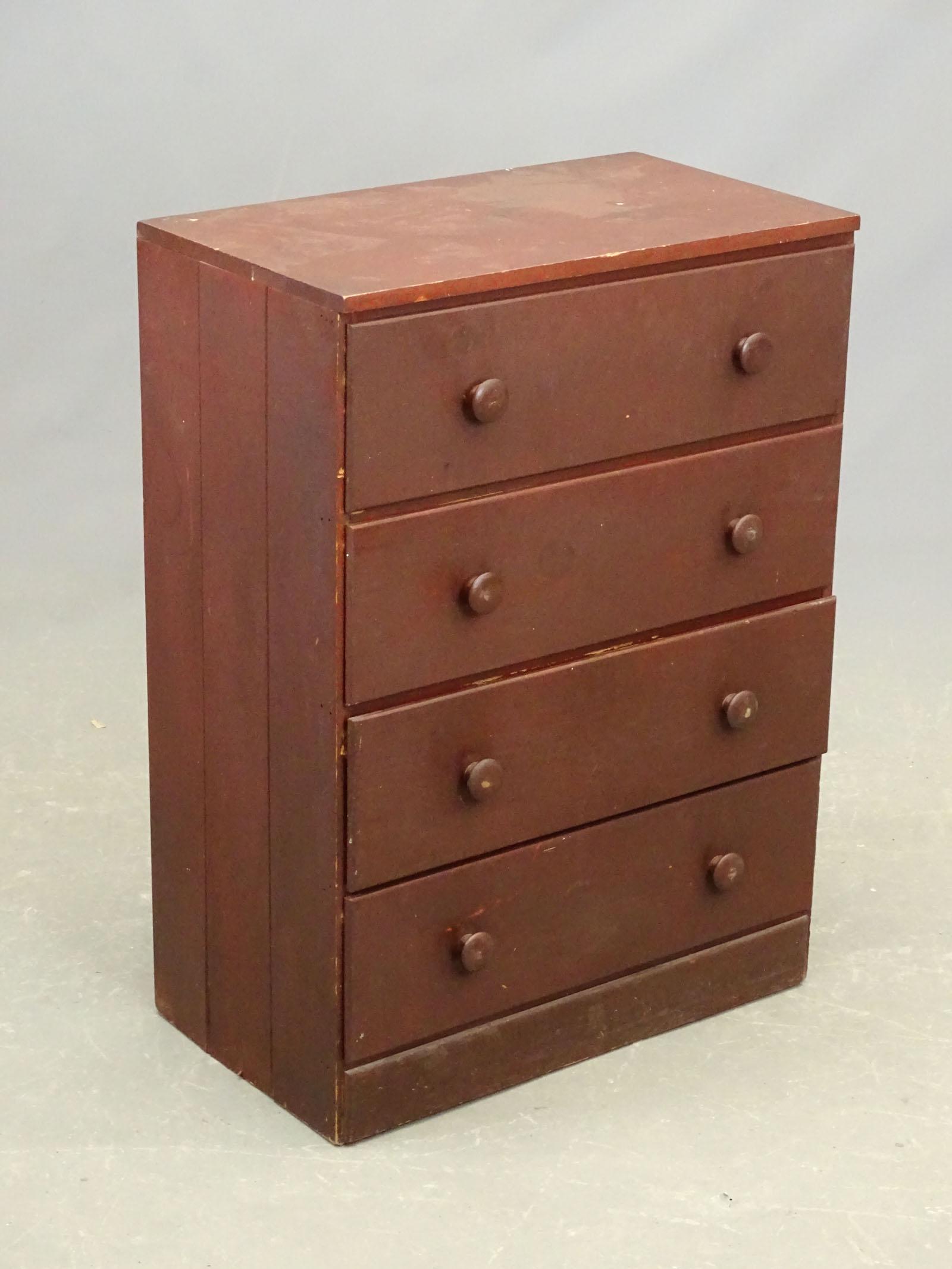 C. 1900 Chest of Drawers: C. 1900 four drawer chest in old red paint. 26" x 15" x 36".