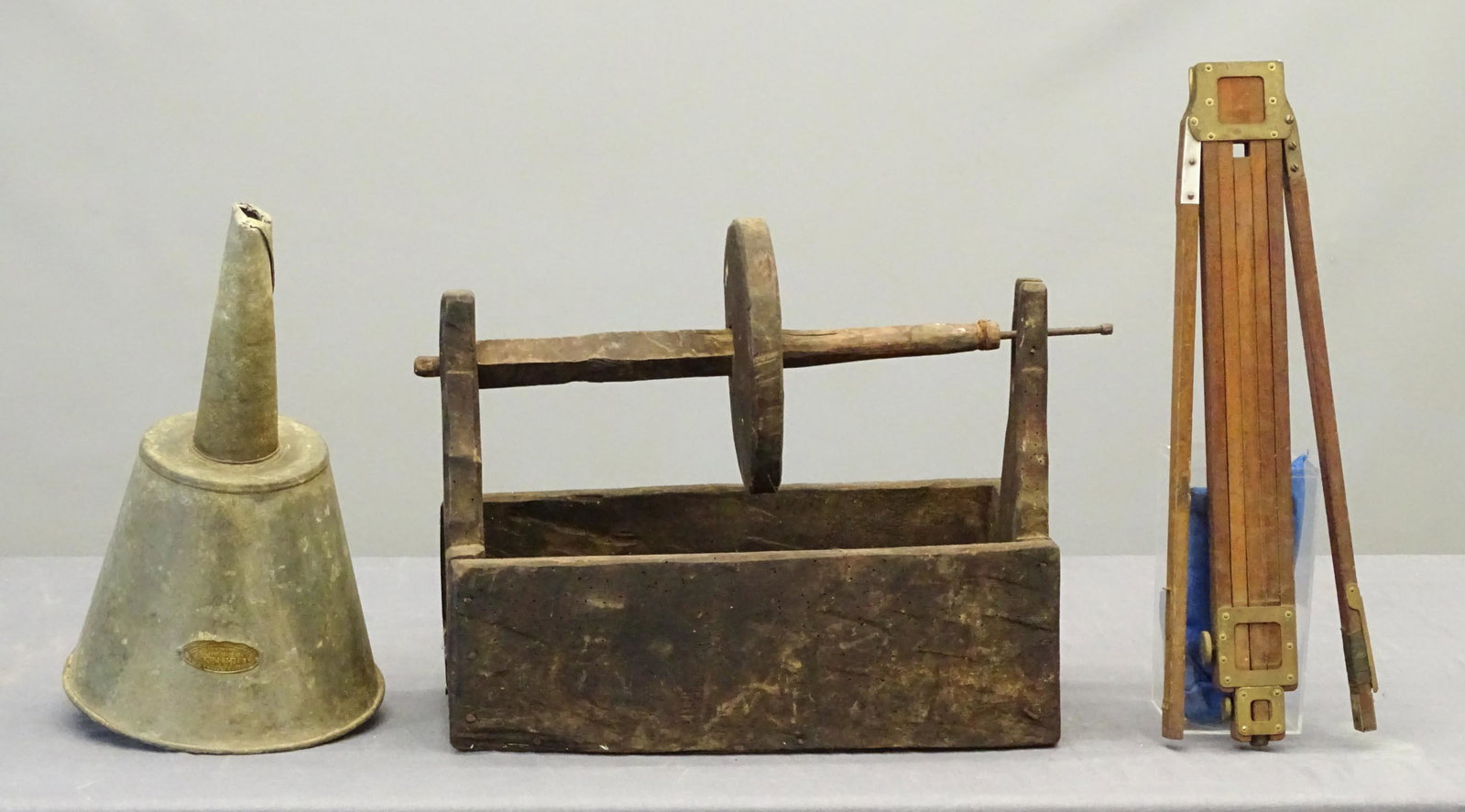 Misc. Lot: Lot including drying rack (19 1/2" L. closed), French labeled wine funnel (16" Ht.), box winder (17" x 8" x 17").