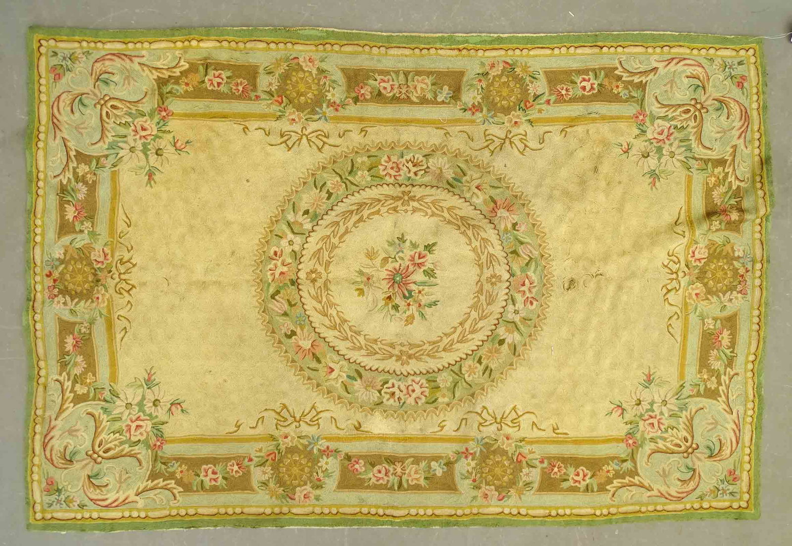 Aubusson Style Rug: Aubusson style scatter rug. Fair condition. 3' 11" x 6'. Some imperfections.
