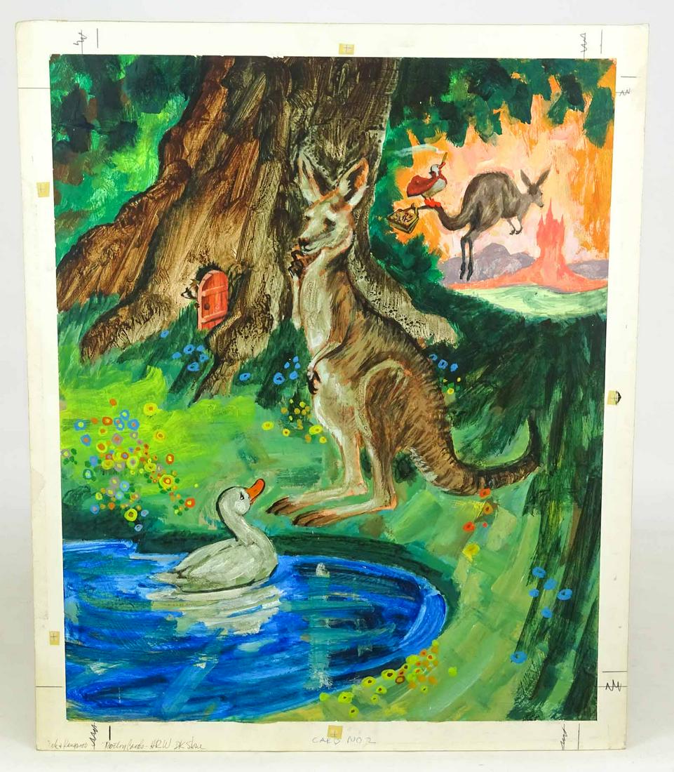 David K. Stone (1922-2001) Illustration Art: The Duck and the Kangaroo. Illustration art painting on illustration board by David K. Stone. Signed D.K. Stone lower left margin. 24 1/4" x 20".