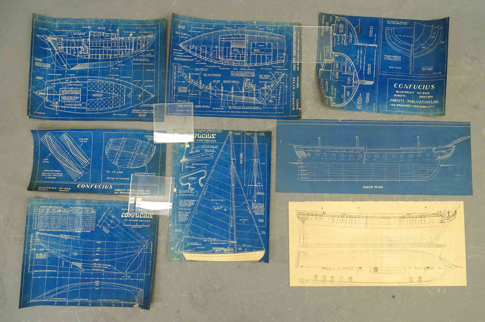 Boat Architecture Diagrams Plans Charts (8): Blueprint and other vintage diagrams of construction of sail boats, etc. Some by Fawcett Publications, Inc., Broadway, New York City. Maritime, marine, ship models. Includes sail plan, spar and riggin
