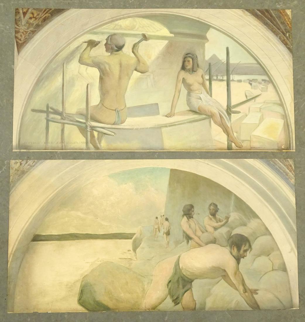 John White Alexander (1856–1915) Murals (2): Pair of large prints of murals in the Library of Congress by John W. Alexander. Evolution of the Book Series: Egyptian Hieroglyphics. Cairn. Chromolithographs, C.V. Arts, C.V. Cameron, Inc.: 1896. Rar