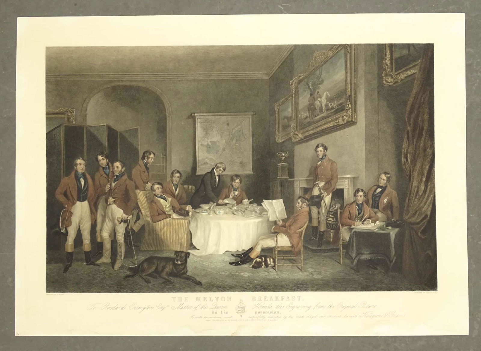 Melton Breakfast British Antique Sporting Print: The Melton Breakfast. Engraved by Charles G. Lewis (1808-1880) after F. Grant. Hodgson & Graver, London: 1839. Hand colored print. British aristocrat country house hunting. 23" x 33".