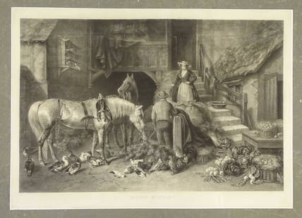 British Antique Horse Print by Herring: John Frederick Herring Sr. (1795-1865). Market Morning. Genre sporting horse barn scene. Engraved by Alfred Lucas. M. Knoedler, New York 1867. 25 3/4" x 36 1/2".