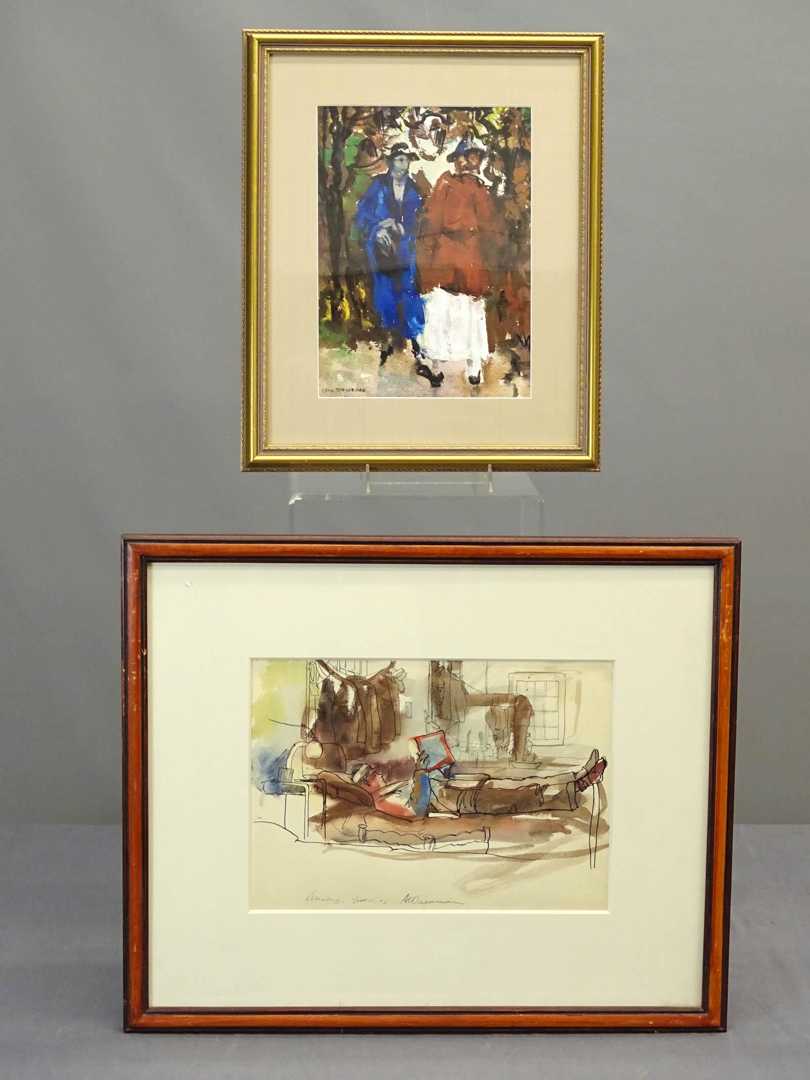 Artwork Lot: Artwork lot including Albert Wasserman (1920-2017), watercolor (sight 10" x 14", overall 19 1/2" x 23 1/2"), Karl Zimmerman (20th Century), watercolor (sight 11" x 8"), overall 17 1/2" x 14 1/2").