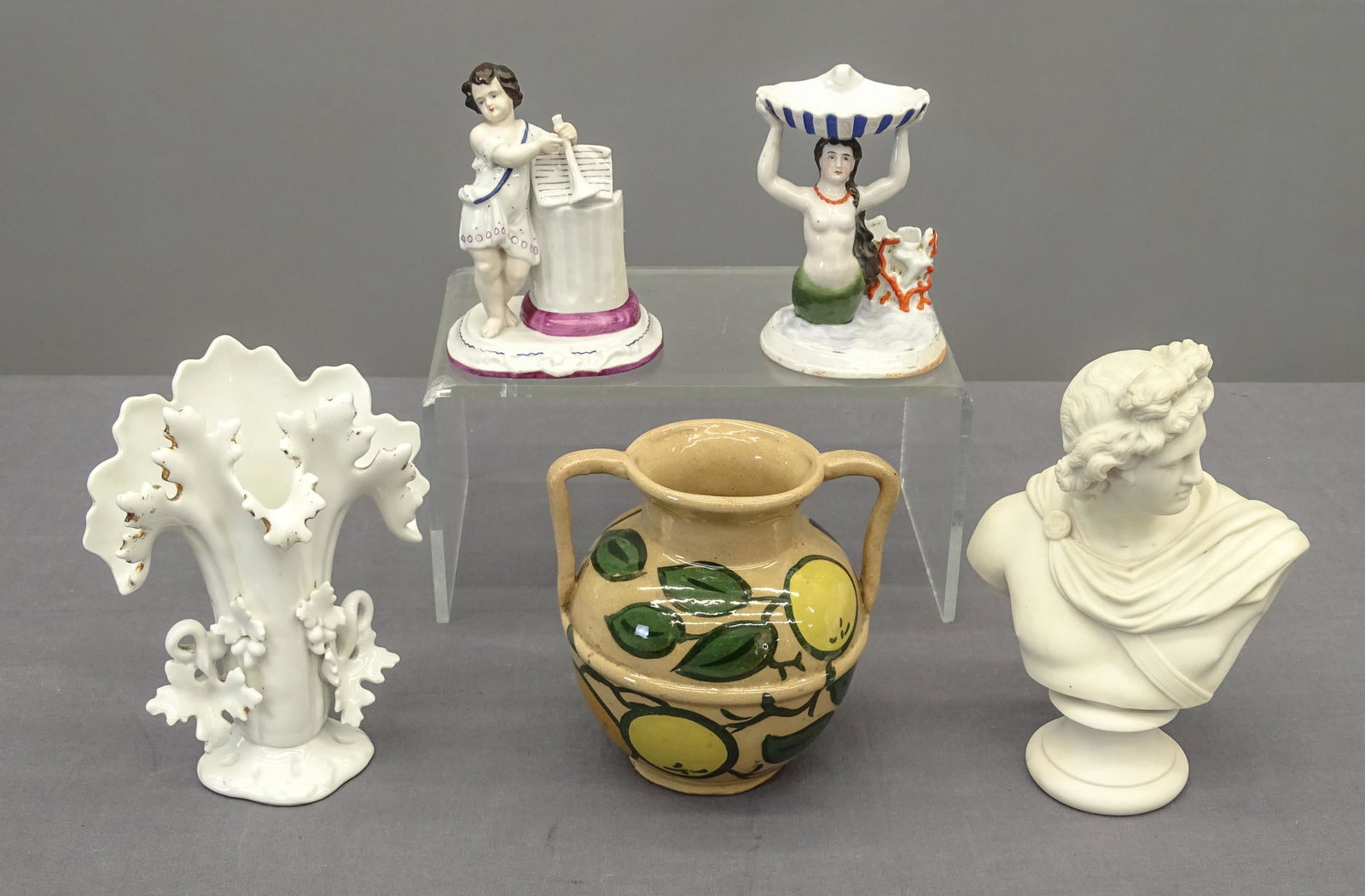 Misc. Lot: Lot (4) pieces including Parian bust (8" Ht.), (3) pieces Staffordshire, vase with two handles.