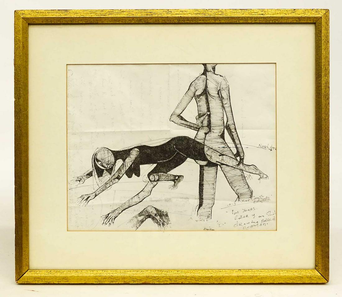 Vladimir Velickovick (1935-2019): Vladimir Velickovick (1935-2019), pen and ink drawing. Inscribed to Lucy Jarvis, with personal letter verso. 8" x 9 1/2", overall 13" x 15".