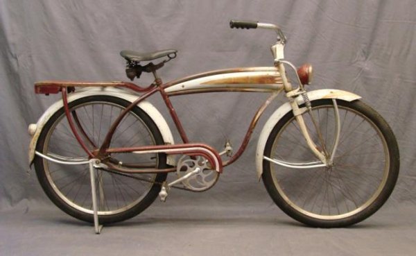 C.1941 Roadmaster Balloon Bicycle: C.1941 Roadmaster model 96CRS Balloon Bicycle with 3 gill tank. Very original and complete including paint Carlisle Lightning Dart tires, Good original condition, unrestored.