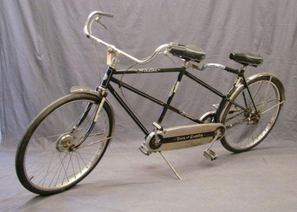 C. 1960 Schwinn Tandem: C. 1960 Schwinn "Town And Country" male female tandem having front and rear drum brakes. Good paint. Good original condition.