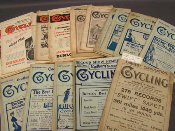 English Magazine Lot: English magazine lot: "Cycling", Jan. 9, 1892; Nov. 21, 1903; April 19-April 26 May 3 1905; June 20, June 27, Aug. 22, Oct. 10 1906; Feb. 20 1907; Feb. 19 1908; July 6 1910; July 19, 1911; Jan. 28 Mar