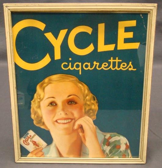 "Cycle Cigarettes" Print: "Cycle Cigarettes" advertising paper litho. Site 11 3/4" x 9 3/4". Minor imperfections.