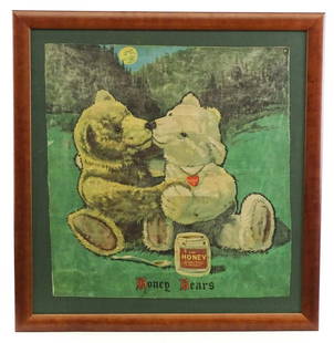 Framed Teddy Bear Cloth Advertisement: C. 1910 framed Teddy Bear cloth advertisement "Honey Bears". Overall 29" x 28".