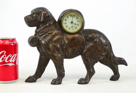 St. Bernard Figural Clock: C. 1900 cast iron St. Bernard clock. 11" x 8 1/2".