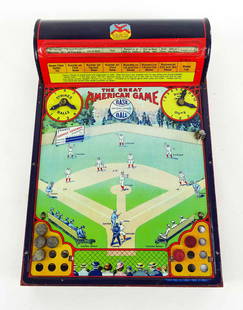 Tin Litho Baseball Game: Tin litho Baseball game "THE GREAT AMERICAN GAME". Hustler Toy Corporation, pat'd 1923/25. 9" x 13 1/2".