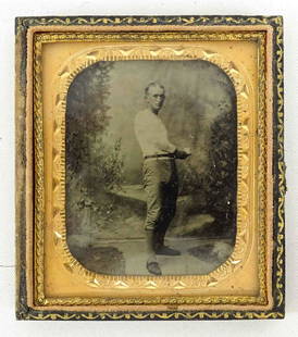 Baseball Player Tintype: Baseball player 1/6 plate tintype. Written in pencil back of case "Howard Searles/ Binghamton, N.Y.", "Bought Tintype at Family Sale". Overall 3 3/4" x 3 1/4". Case included.