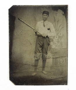 Baseball Player Tintype: Baseball player tintype. 3 1/4" x 2 1/2". Case included.