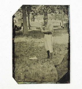 Baseball Player Tintype: Baseball player tintype. 3 1/2" x 2 1/2". Case included.