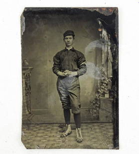 Baseball Player Tintype: Baseball player tintype. 3 3/4" x 2 1/2". Case included.