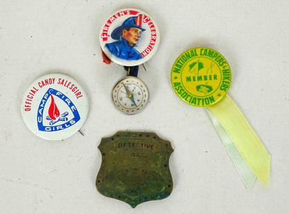 Misc. Lot: Lot (4) pins including Firemen's Celebration, Camp Fire Girls, National Campers Hikers Association, Detective Chief badge. Case not included.