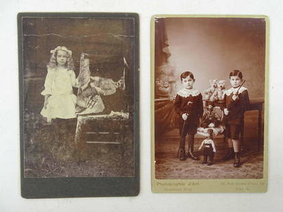 Cabinet Photographs: Lot (2) cabinet photographs including child with Teddy Roosevelt bandanna and children with Steiff bears. 6 1/2" x 4 1/4".