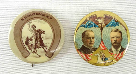 Teddy Roosevelt Pinbacks: Lot (2) Teddy Roosevelt 1 1/4" pinbacks. Includes Mcklinley Roosevelt campaign and scarce Roosevelt on horseback. Case included.