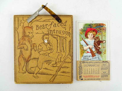 Misc. Lot: Lot including 1908 Carter's Typewrite Ribbon calendar (little girl with bear, 6 1/2" x 3 1/2"), and "Bear-faced Intrusion notepad (7 1/2" x 6 1/4").