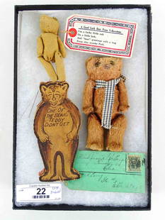 Bear Lot: Lot (3) Novelty bears including Yellowstone (4" L.), Post Office tag (6" L.), and early bear (6" L.). Case included.