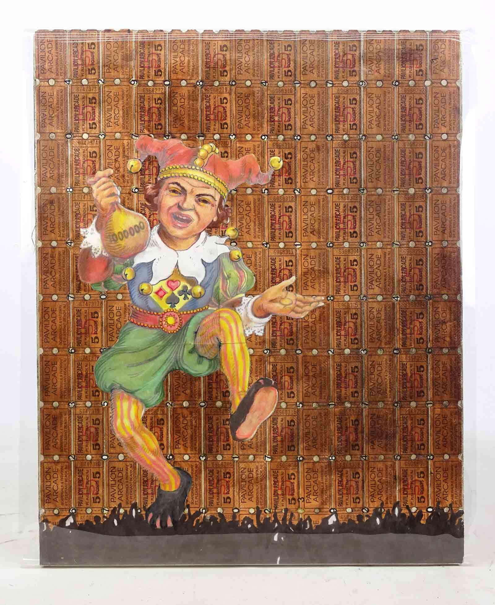Court Jester Painting: Court jester printed and hand colored painting. Pavilion Arcade Pt. Pleasant, NJ tickets for background. 20" x 16".