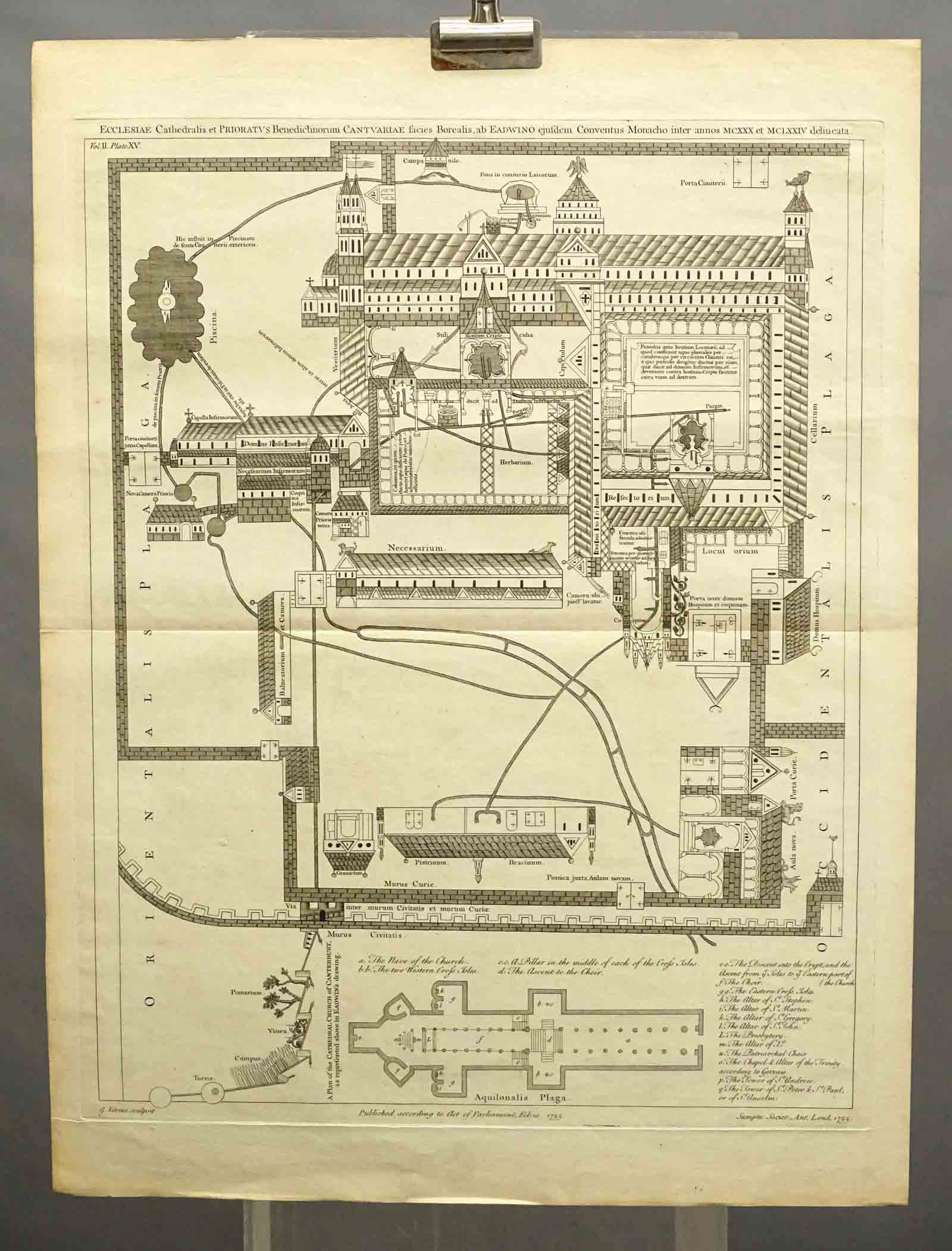 Engraving Canterbury Cathedral: Engraving: Canterbury Cathedral, plan view from Vetusta Monumenta, London, 1789. Engraving by George Vertue. 21" x 28".