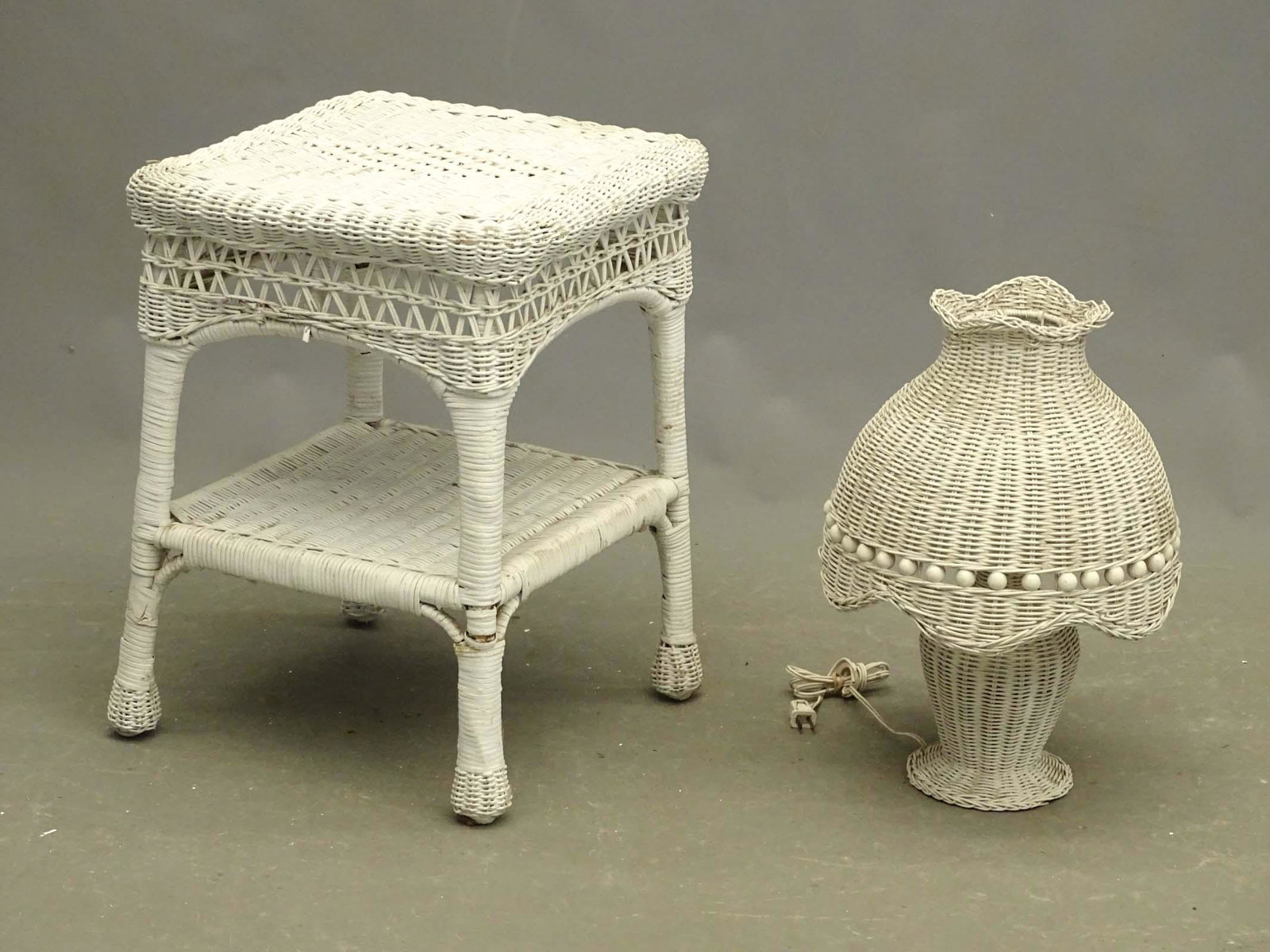 Wicker Lamp & Table: Wicker lamp (19" Ht.), and table (16 1/2" x 16" x 22").