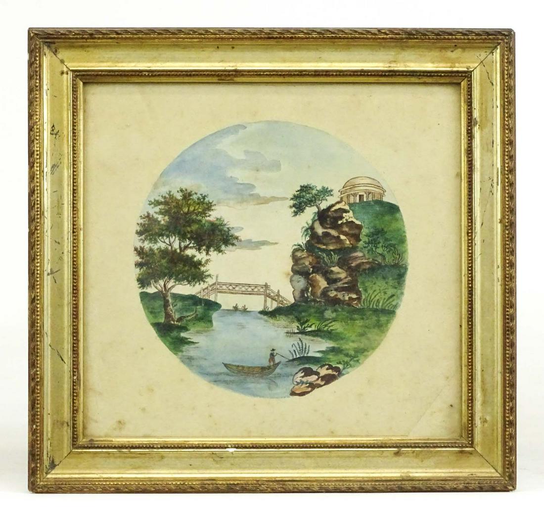 19th c. Folk Art River Landscape: 19th c. folk art river landscape on paper. Sight 7 1/2" x 7 1/2", overall 9 1/2" x 10".