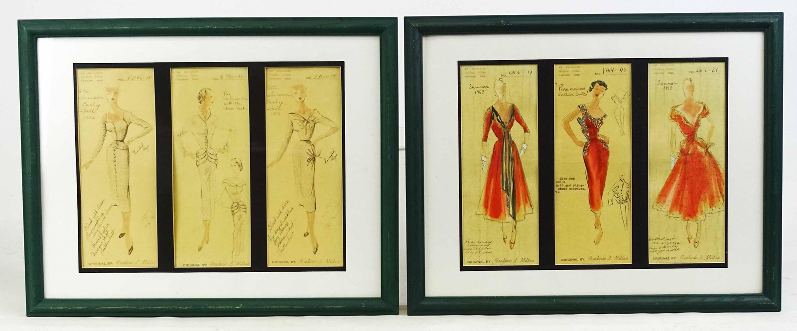 Original Fred L. Milton Fashion Art: Two groups of framed original Fred L. Milton Fashion art. Overall 15 3/4" x 19 3/4".