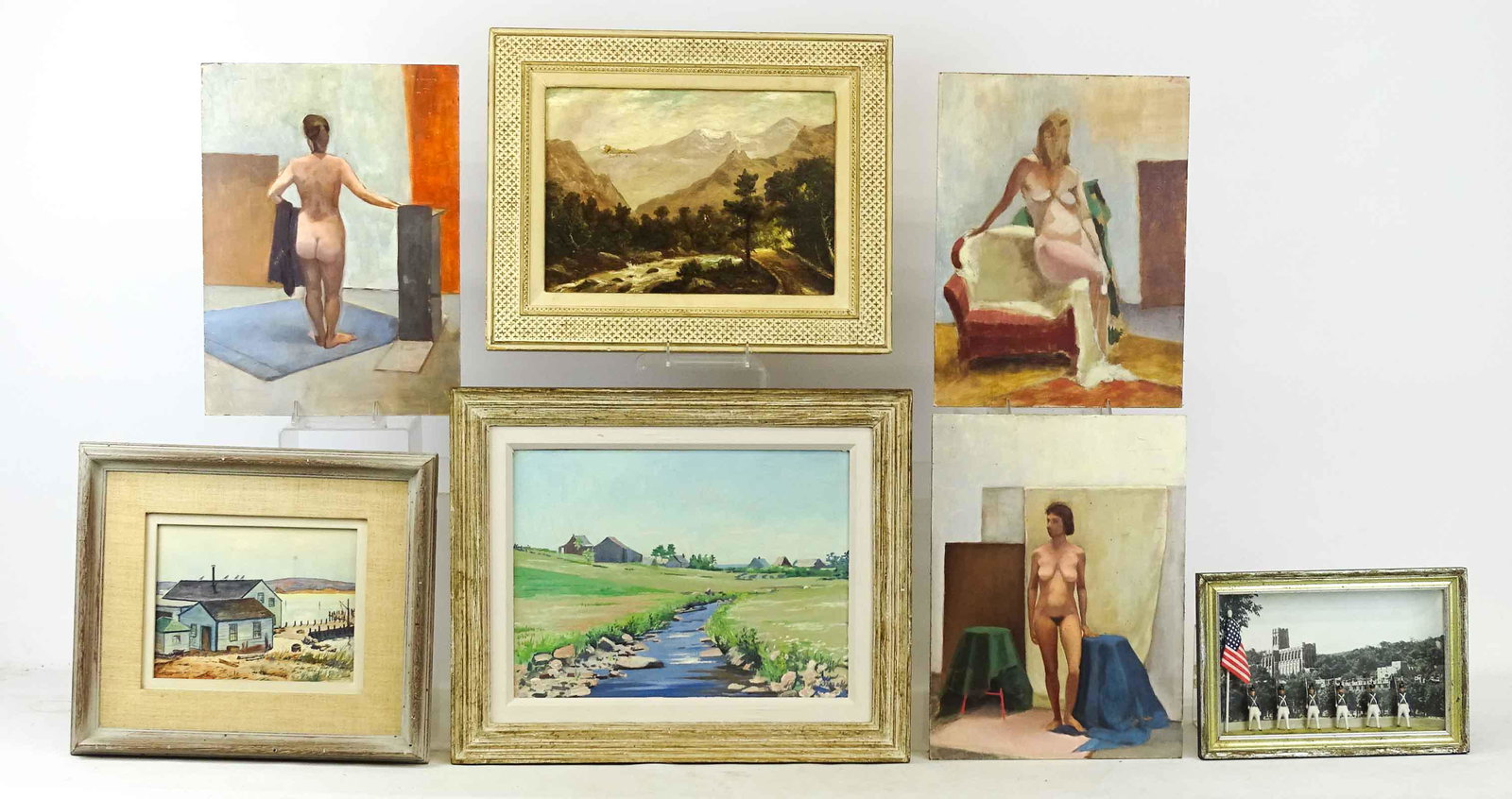 Artwork Lot: Artwork lot including summer landscape signed indistinctly (sight 11 1/2" x 15 1/2"), watercolor harborscape signed indistinctly (sight 7" x 9"), "West Point" (frame 8 1/2" x 12 1/2"), mountain landsc