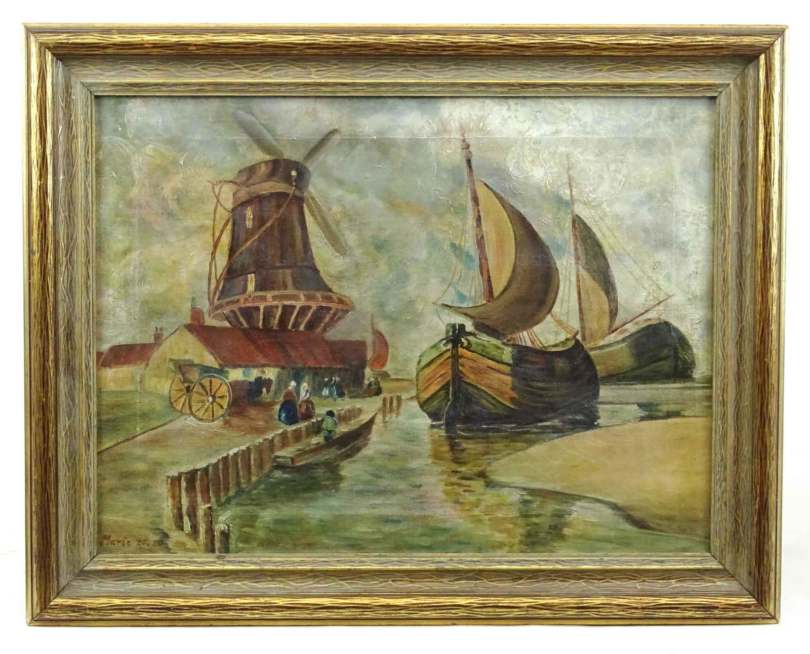 Dutch School, Harborscape: Painting: Dutch School, harborscape, signed "Marie 25 . 30". Image 15" x 20", overall 19" x 24".