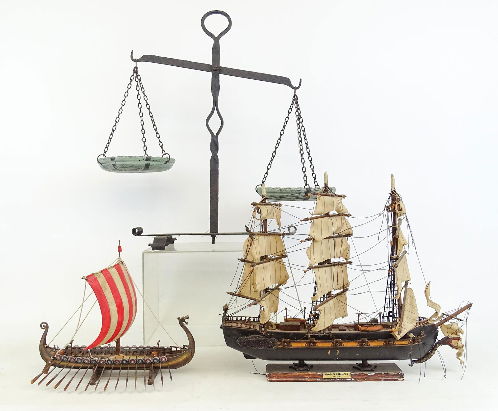Misc. Lot: Misc. lot including scale (21" x 26"), (2) ship models (largest 18" x 17 1/2").
