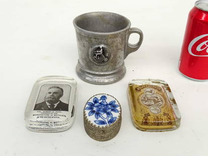 Misc. Lot: Lot including Col. Albert Pope paperweight (4" x 2 1/2", good condition), Wolff-American paperweight (4" x 2 1/2", good condition), pill box, and aluminum mug with figure on high wheel, marked