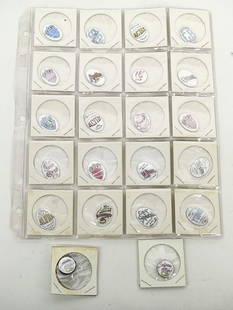 Enameled Bicycle Advertising Lot: Lot (22) early enameled buttons, flats. Names include Orient, Irving, Acme, Falcon, Vim, Apollo, Alvyn, Union, The Newton, LaSour, Ureka, Alpha, Renton, C & F Special, Yuno. Good condition.