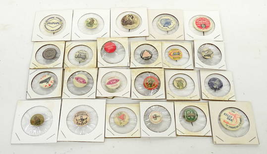 Bicycle Pinbacks: Lot (23) early bicycle pinbacks. Names include Christy, New Brunswick, The P & F, MOFFET BALL ROLLER BEARINGS, Morrow, Crimson, '97 Tally Ho, Millers '97, Sycamore Crimson Rims, Stahl's Puncture