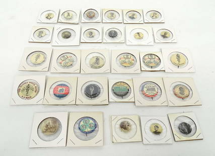 Bicycle Pinbacks: Collection of (29) bicycle pinbacks. Names include A..A. Zimmerman, Jimmie Michael, The Barnes White Flyer, Orient, Thomas Cooper (Monarch), Elkes VS Martin, Miss Annis Burr Porter, Eddy Marcus,