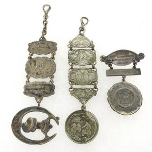 Bicycle Fobs & Medal: Lot (2) early bicycle fobs. Corbin Coaster Brakes (6" L.), New Departure (5" L.), and Wheelmen Century medal (Doylestown To Westchester And Return Via Philad., 1896, 2 1/2" L.). Good condition.